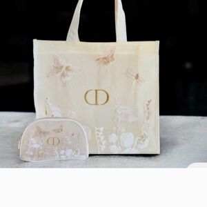 CHRISTIAN DIOR Butterfly Cream Tote Bag and Pouch with Embroidered Details